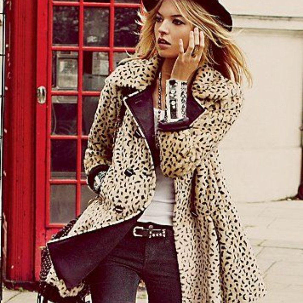 Free People Women's Leopard Print Jacket Coat Faux Fur Beige Black Size 8